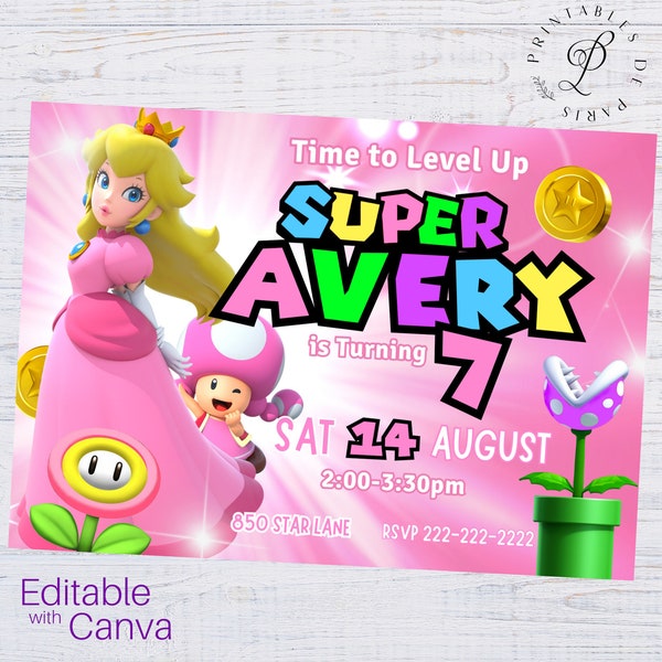 Princess Peach Birthday Invitation, Mario Birthday Invite, Princess Peach Girl Birthday Invitation, Pink Invitation