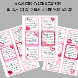 May include: 18 pink and red Valentine's Day clue cards with hearts and polka dots. Each card has a different rhyme or riddle to help find the next clue. The cards are 8.5 inches by 11 inches.