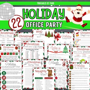 Puede incluir: Un conjunto de 22 juegos de fiesta de oficina de Navidad imprimibles. Los juegos incluyen citas de películas de Navidad, trivia de canciones navideñas, una búsqueda del tesoro navideña, un intercambio de regalos navideños, un juego de "¿Quién es el Grinch?", un juego de "¿Quién es más probable que...", un juego de "¿Travieso o agradable?", un juego de "Bingo de mezcla" y un juego de "Pasa el regalo de Navidad". Los juegos están decorados con un tema navideño rojo y verde.
