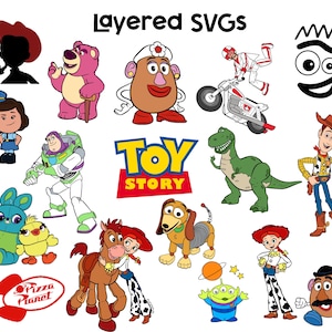 Puede incluir: Una colecci&oacute;n de dise&ntilde;os de personajes de dibujos animados coloridos de la pel&iacute;cula Toy Story. Incluye a Woody, Buzz Lightyear, Rex y otros personajes reconocibles. Tambi&eacute;n se ven las palabras "Layered SVGs" y "Toy Story".