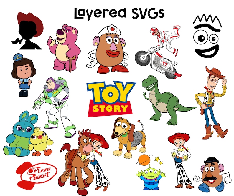 Puede incluir: Una colecci&oacute;n de dise&ntilde;os de personajes de dibujos animados coloridos de la pel&iacute;cula Toy Story. Incluye a Woody, Buzz Lightyear, Rex y otros personajes reconocibles. Tambi&eacute;n se ven las palabras "Layered SVGs" y "Toy Story".