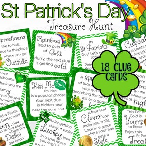 Búsqueda del tesoro del día de San Patricio, juego de búsqueda del tesoro de San Patricio, tarjetas de pistas imprimibles de la búsqueda del tesoro del día de San Patricio para niños