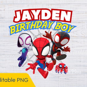 BEWERKBARE Spidey PNG, Spidey en zijn geweldige vrienden verjaardag png, clipart van Spidey, shirt van Spidey verjaardagsjongen, taarttopper, verjaardag van Spidey