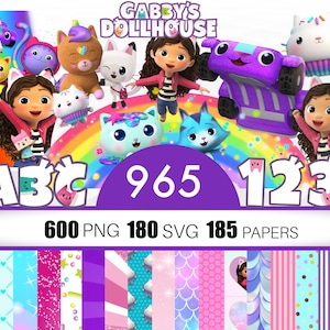 May include: A digital graphic featuring characters and elements from "Gabby's Dollhouse." The image includes the text "Gabby's Dollhouse," "ABC," "123," and "965." The image also includes the text "600 PNG 180 SVG 185 PAPERS." The color palette includes pink, purple, blue, and white.