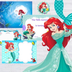 May include: Printable party invitation featuring Ariel, the Little Mermaid, with a blue and white background. The invitation says "Our little mermaid is turning..." and has a space for the age.