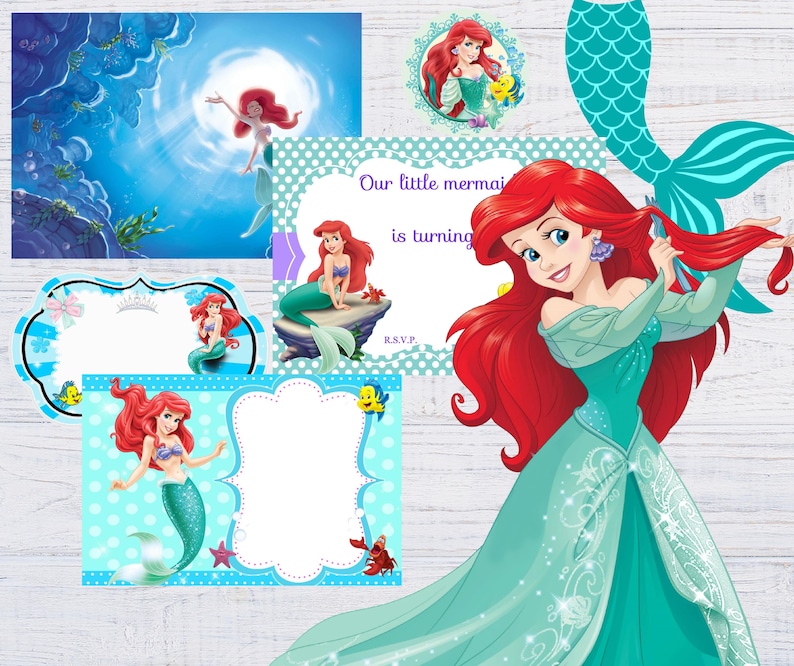 May include: Printable party invitation featuring Ariel, the Little Mermaid, with a blue and white background. The invitation says "Our little mermaid is turning..." and has a space for the age.