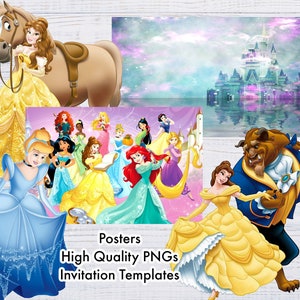 May include: A colourful collage featuring Disney princesses, including Belle, Cinderella, and Ariel, with a castle backdrop. The image includes the text: "Posters, High Quality PNGs, Invitation Templates."