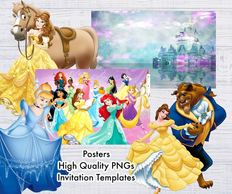 May include: A colourful collage featuring Disney princesses, including Belle, Cinderella, and Ariel, with a castle backdrop. The image includes the text: "Posters, High Quality PNGs, Invitation Templates."