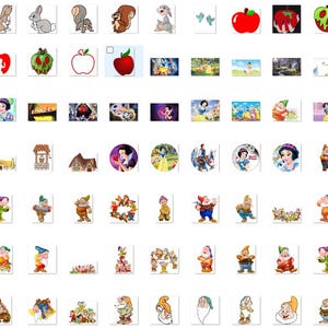 May include: A collection of colorful cartoon images featuring Snow White and the Seven Dwarfs. The images include Snow White, the dwarfs, a poisoned apple, a castle, and a forest scene.