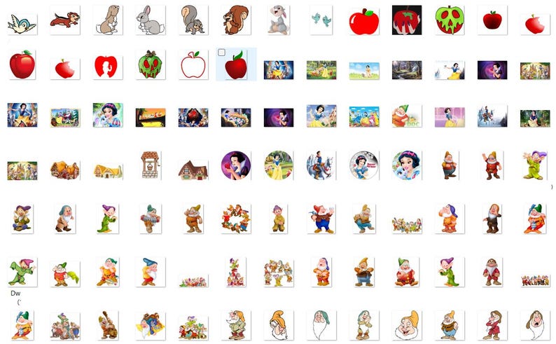 May include: A collection of colorful cartoon images featuring Snow White and the Seven Dwarfs. The images include Snow White, the dwarfs, a poisoned apple, a castle, and a forest scene.