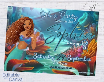 Afroamerykańskie zaproszenie urodzinowe Mała Syrenka, Mała Syrenka na żywo filmowe zaproszenie urodzinowe, Afroamerykańskie zaproszenie urodzinowe Ariel