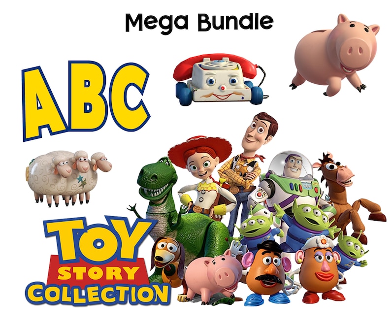 Puede incluir: Una colecci&oacute;n de personajes de Toy Story, incluyendo a Woody, Buzz Lightyear y Rex, junto con el texto "Toy Story Collection" y "Mega Bundle". Otros personajes incluyen a Sr. Potato, Hamm y Slinky Dog.