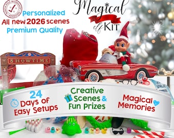 24-Tage-Elfen-Set, Weihnachtselfen-Aktivitäten-Set, Elfen-Requisiten, Magische Szenen für Kinder und Elfen, Vorgefertigte Elfen-Ideen, personalisierte Briefe