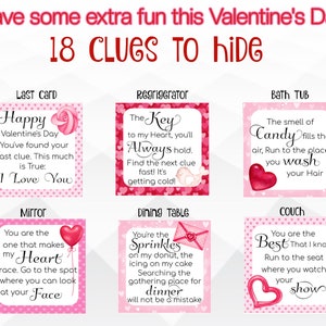 May include: A set of 18 pink and red Valentine's Day scavenger hunt clue cards with hearts and other romantic imagery. Each card has a different location and clue written on it. The text on the cards includes: "Happy Valentine's Day", "The Key to my Heart", "You're the Sprinkles on my donut", "The smell of Candy fills the air", and "You are the Best That I know".