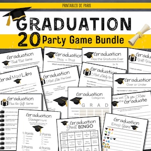 May include: A set of 20 printable graduation party games. The games include "Think Fast", "Grad Mad Libs", "Pass the Gift", "This or That", "Most Like the Grad", "Scavenger Hunt", "Has the Graduate Ever", "Most Likely to", "Categories", "Guest Bingo", "Over or Under", "How Well Do You Know the Graduate", and "Emoji Game".