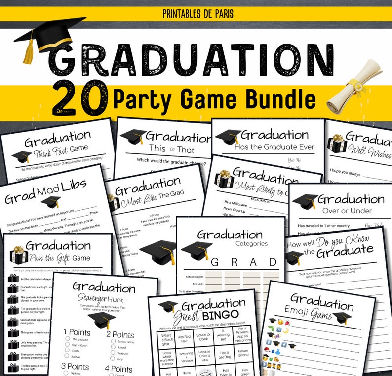 May include: A printable graduation party game bundle with 20 different games. The games are all themed around graduation and include games like 'Think Fast', 'Grad Mad Libs', 'Pass the Gift', 'This or That', 'Most Like The Grad', 'Scavenger Hunt', 'Has the Graduate Ever', 'Most Likely to', 'Categories', 'Guest Bingo', 'Over or Under', 'How well Do you Know the Graduate', and 'Emoji Game'. The games are all designed to be fun and engaging for guests of all ages.