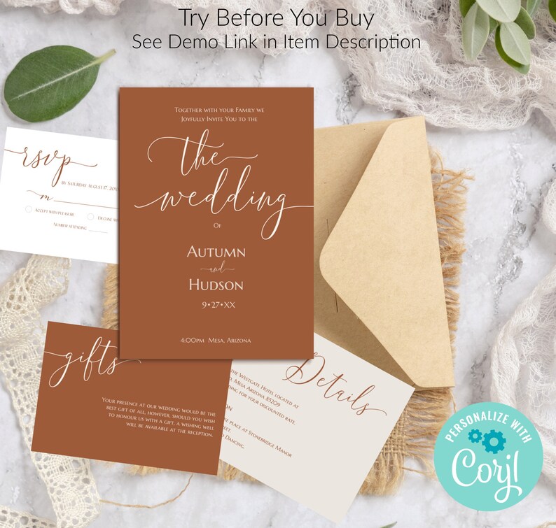 Wedding Invitation Terracotta Ivory Beige, Boho Wedding invitation Template, Printable Bohemian Wedding image 3