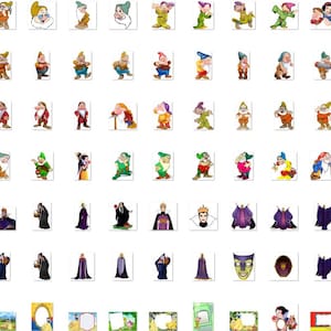 May include: A collection of printable images featuring the seven dwarfs from the Disney movie Snow White and the Seven Dwarfs. The images include individual portraits of each dwarf, as well as group shots. There are also images of the Evil Queen, Snow White, and various other characters from the movie.