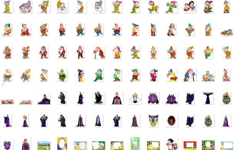 May include: A collection of printable images featuring the seven dwarfs from the Disney movie Snow White and the Seven Dwarfs. The images include individual portraits of each dwarf, as well as group shots. There are also images of the Evil Queen, Snow White, and various other characters from the movie.