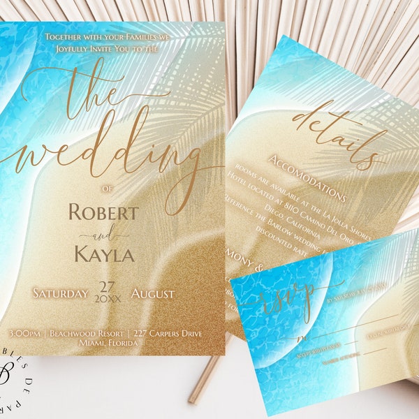 Beach Wedding Invitation, Romantic Beach Wedding Editable Invitation Template, Printable Tropical Wedding Invite with RSVP and Details card