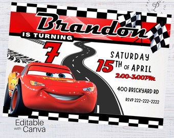 Invitación de cumpleaños de Cars, invitación de cumpleaños de Cars, invitación de cumpleaños de Lightning McQueen, plantilla editable de Cars, cumpleaños de autos de carrera