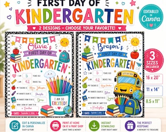Editable Back to School Sign, First Day Kindergarten Sign Template, Boy or Girl Keepsake
