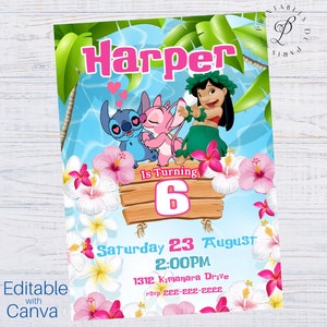 Stitch Birthday Invitation, Lilo Stitch Birthday Invite, Girl Party Birthday Invitation, Editable Stitch Invitation