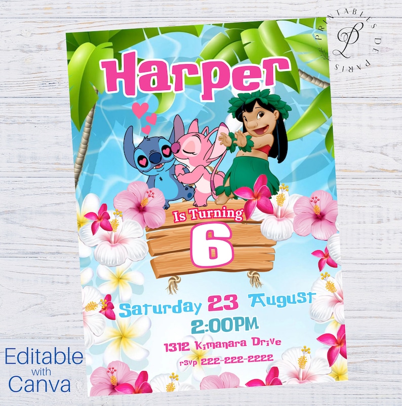 May include: A pink and blue birthday invitation featuring Stitch and Lilo from Disney's Lilo & Stitch. The invitation says "Harper is turning 6" and includes the date and time of the party.