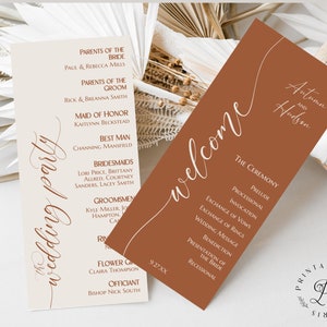 Carte de programme de mariage crème en terre cuite, modèle de programme de bienvenue de mariage orange brûlé, carte recto-verso imprimable, modèle 100 % modifiable