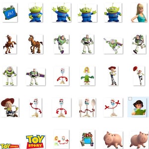 May include: A digital collection of icons featuring various characters from the Toy Story franchise, including Buzz Lightyear, Woody, Jessie, Forky, and Hamm the pig, alongside the Toy Story logo and several small graphic illustrations.