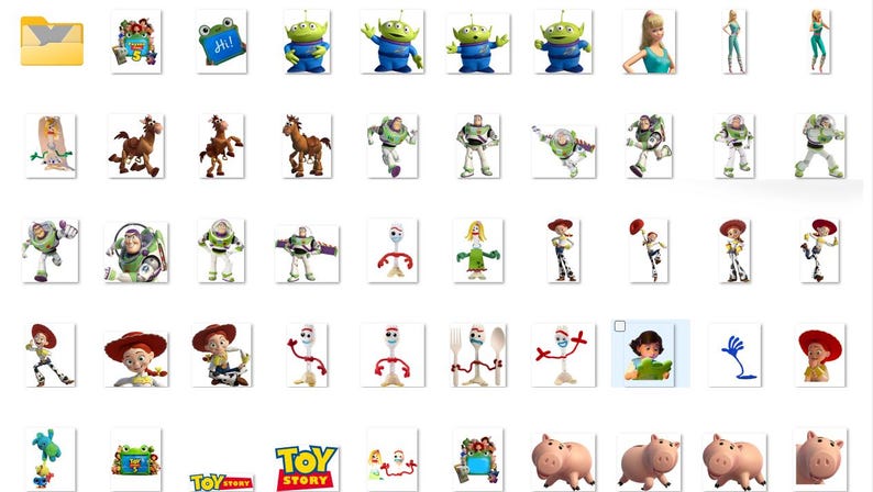 May include: A digital collection of icons featuring various characters from the Toy Story franchise, including Buzz Lightyear, Woody, Jessie, Forky, and Hamm the pig, alongside the Toy Story logo and several small graphic illustrations.
