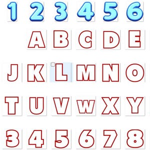 Puede incluir: Una colecci&oacute;n de n&uacute;meros y letras en un estilo de dibujos animados. Los n&uacute;meros 0-9 son de color azul claro con un contorno blanco, mientras que el alfabeto A-Z y los n&uacute;meros 1-9 est&aacute;n delineados en rojo. Todos los caracteres est&aacute;n sobre un fondo blanco.