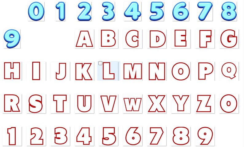 Puede incluir: Una colecci&oacute;n de n&uacute;meros y letras en un estilo de dibujos animados. Los n&uacute;meros 0-9 son de color azul claro con un contorno blanco, mientras que el alfabeto A-Z y los n&uacute;meros 1-9 est&aacute;n delineados en rojo. Todos los caracteres est&aacute;n sobre un fondo blanco.