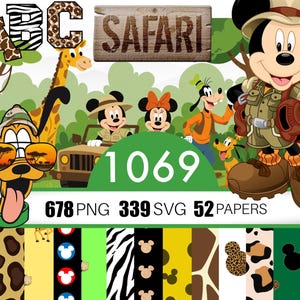 May include: A digital art design with a safari theme, featuring Mickey Mouse, Minnie Mouse, Goofy, and Pluto. The image includes a giraffe, a jeep, and the word "SAFARI" on a wooden sign. The number "1069" is prominently displayed.