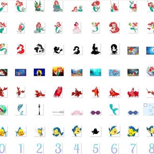 May include: A set of 100 digital clipart images featuring The Little Mermaid characters, objects, and scenes. The images are in a variety of colors and styles, including cartoon, silhouette, and realistic.