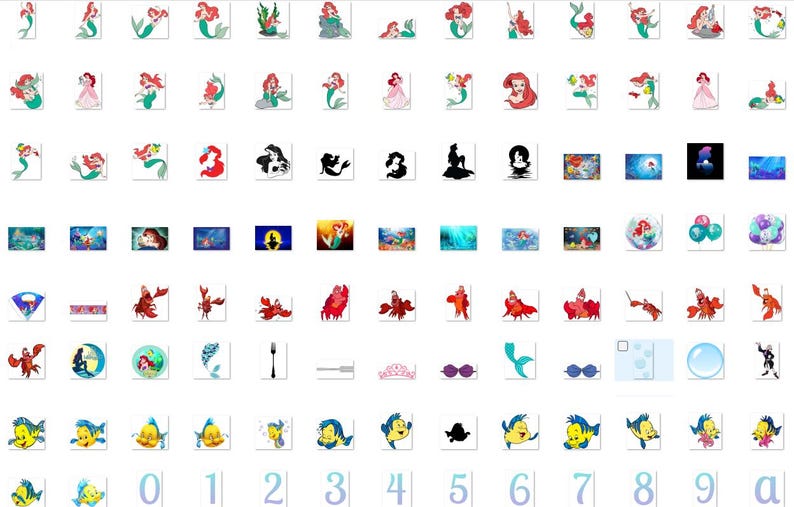 May include: A set of 100 digital clipart images featuring The Little Mermaid characters, objects, and scenes. The images are in a variety of colors and styles, including cartoon, silhouette, and realistic.