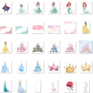 May include: A collection of watercolor illustrations featuring various princesses, castles, crowns, and floral elements. The images showcase princesses in their iconic gowns, along with fairytale castles and golden crowns, perfect for themed crafts or decor.