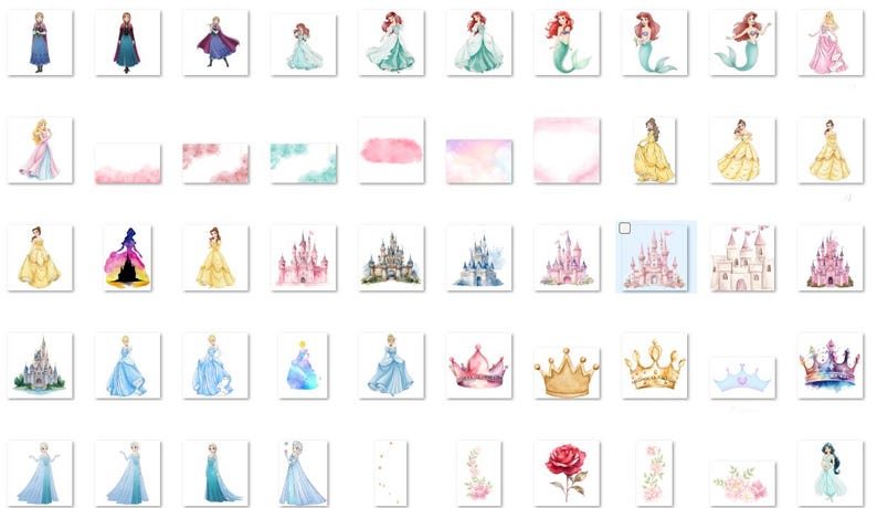 May include: A collection of watercolor illustrations featuring various princesses, castles, crowns, and floral elements. The images showcase princesses in their iconic gowns, along with fairytale castles and golden crowns, perfect for themed crafts or decor.
