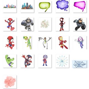 Puede incluir: Colecci&oacute;n de ilustraciones en acuarela con superh&eacute;roes, bocadillos de di&aacute;logo, paisajes urbanos y pancartas decorativas. La obra de arte presenta colores vibrantes y un estilo l&uacute;dico, adecuado para diversos proyectos creativos.