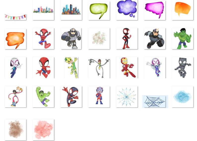 Puede incluir: Colecci&oacute;n de ilustraciones en acuarela con superh&eacute;roes, bocadillos de di&aacute;logo, paisajes urbanos y pancartas decorativas. La obra de arte presenta colores vibrantes y un estilo l&uacute;dico, adecuado para diversos proyectos creativos.