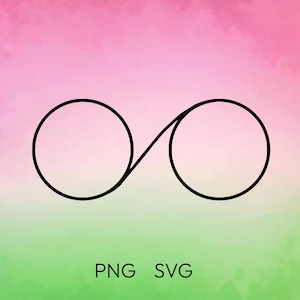May include: A black infinity symbol on a pink and green watercolour background. The symbol is made of two overlapping circles.
