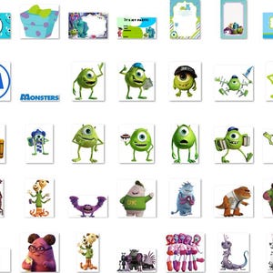 Może przedstawiać: Zbi&oacute;r cyfrowych obraz&oacute;w przedstawiających postacie z animowanego filmu Monsters University. Obrazy przedstawiają r&oacute;żne pozy i wyrazy twarzy postaci, w tym Mike'a Wazowskiego, Sulley'a i Randalla.