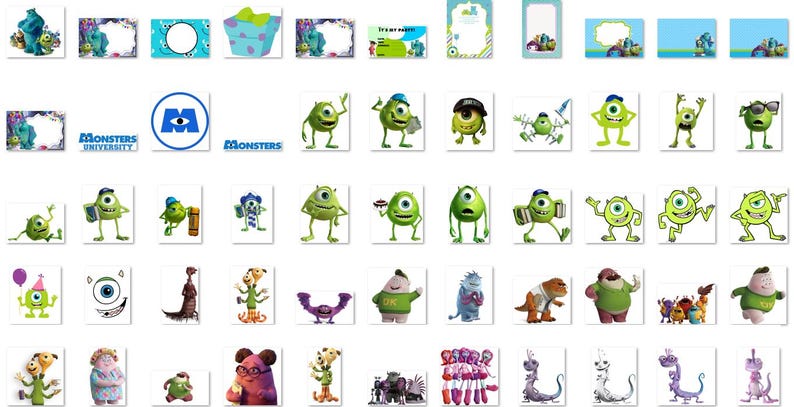 Może przedstawiać: Zbi&oacute;r cyfrowych obraz&oacute;w przedstawiających postacie z animowanego filmu Monsters University. Obrazy przedstawiają r&oacute;żne pozy i wyrazy twarzy postaci, w tym Mike'a Wazowskiego, Sulley'a i Randalla.