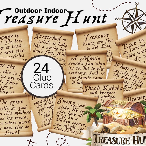 Outdoor Indoor Treasure Hunt, Backyard Treasure Hunt Game, Summer Scavenger Hunt Printable Clue Cards for Kids, Summer Birthday Game