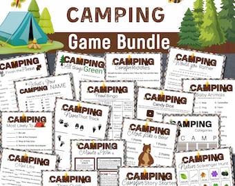 May include: A collection of printable camping games for kids. The games include "Finish the Phrase", "What's Your Camping Name", "Most Likely To", "Mad Libs", "All Things Green", "Campfire Riddles", "Friend Bingo", "Name That Track", "Minute to Win It", "Think Quick", "Would You Rather", "Candy Dice", "Most Like a Bear", "Campfire Story Starter", "Baby Animals", "Categories", and "Nature Scavenger Hunt".