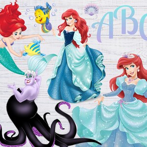 May include: A digital illustration featuring four characters from the Disney movie The Little Mermaid. Ariel, Ursula, and a mermaid princess are all wearing blue and green dresses. The fourth character is a mermaid with red hair and a blue tail. The image also includes the letters A, B, and C in a light blue color.