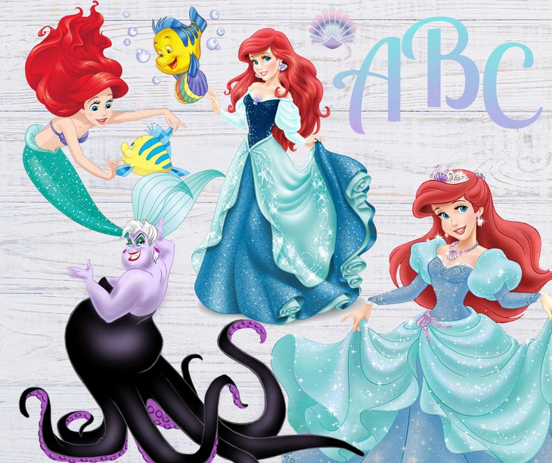 May include: A digital illustration featuring four characters from the Disney movie The Little Mermaid. Ariel, Ursula, and a mermaid princess are all wearing blue and green dresses. The fourth character is a mermaid with red hair and a blue tail. The image also includes the letters A, B, and C in a light blue color.