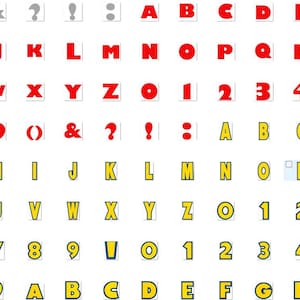 Puede incluir: Una cuadr&iacute;cula de letras, n&uacute;meros y s&iacute;mbolos en rojo y amarillo. Los caracteres est&aacute;n dispuestos en filas y columnas, cada uno dentro de un cuadrado blanco. Los caracteres incluyen el alfabeto, los n&uacute;meros del 0 al 9 y signos de puntuaci&oacute;n.