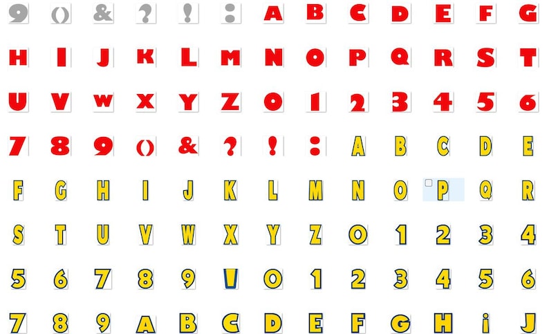 Puede incluir: Una cuadr&iacute;cula de letras, n&uacute;meros y s&iacute;mbolos en rojo y amarillo. Los caracteres est&aacute;n dispuestos en filas y columnas, cada uno dentro de un cuadrado blanco. Los caracteres incluyen el alfabeto, los n&uacute;meros del 0 al 9 y signos de puntuaci&oacute;n.