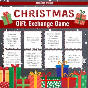 Kerstcadeau-uitwisselingsspel, kerstafdrukbaar spel, witte olifant cadeauspel, kerstfeestspel, kerstcadeauspel, kerstspel